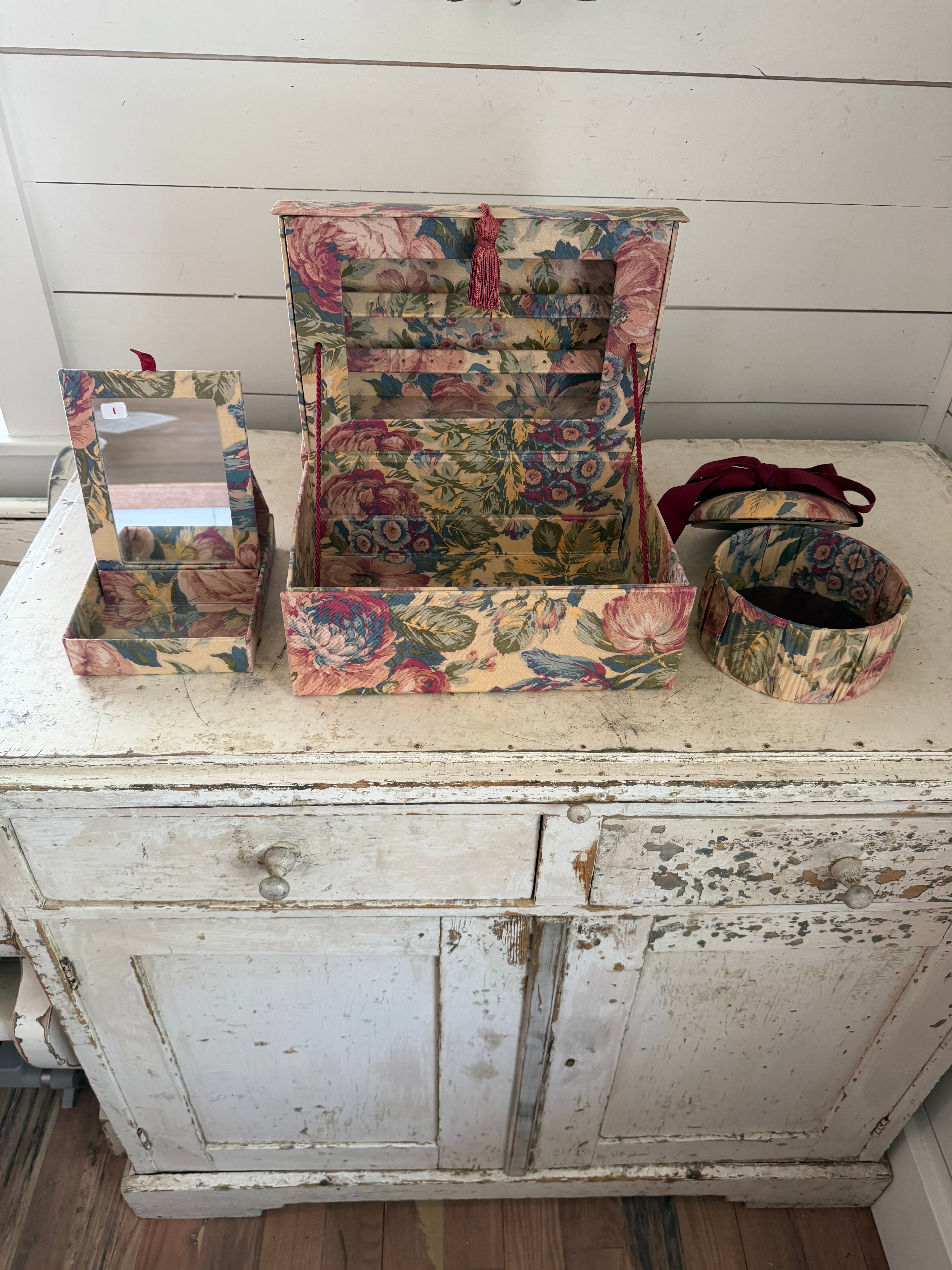 Vintage Chintz Fabric Jewelry Box With insert Boxes