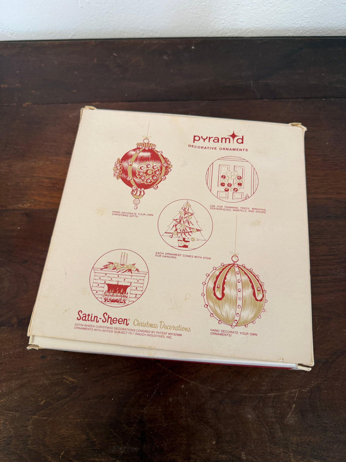 Vintage Boxed Set Of Nine Pyramid Unbreakable Spun Satin Christmas Ornaments