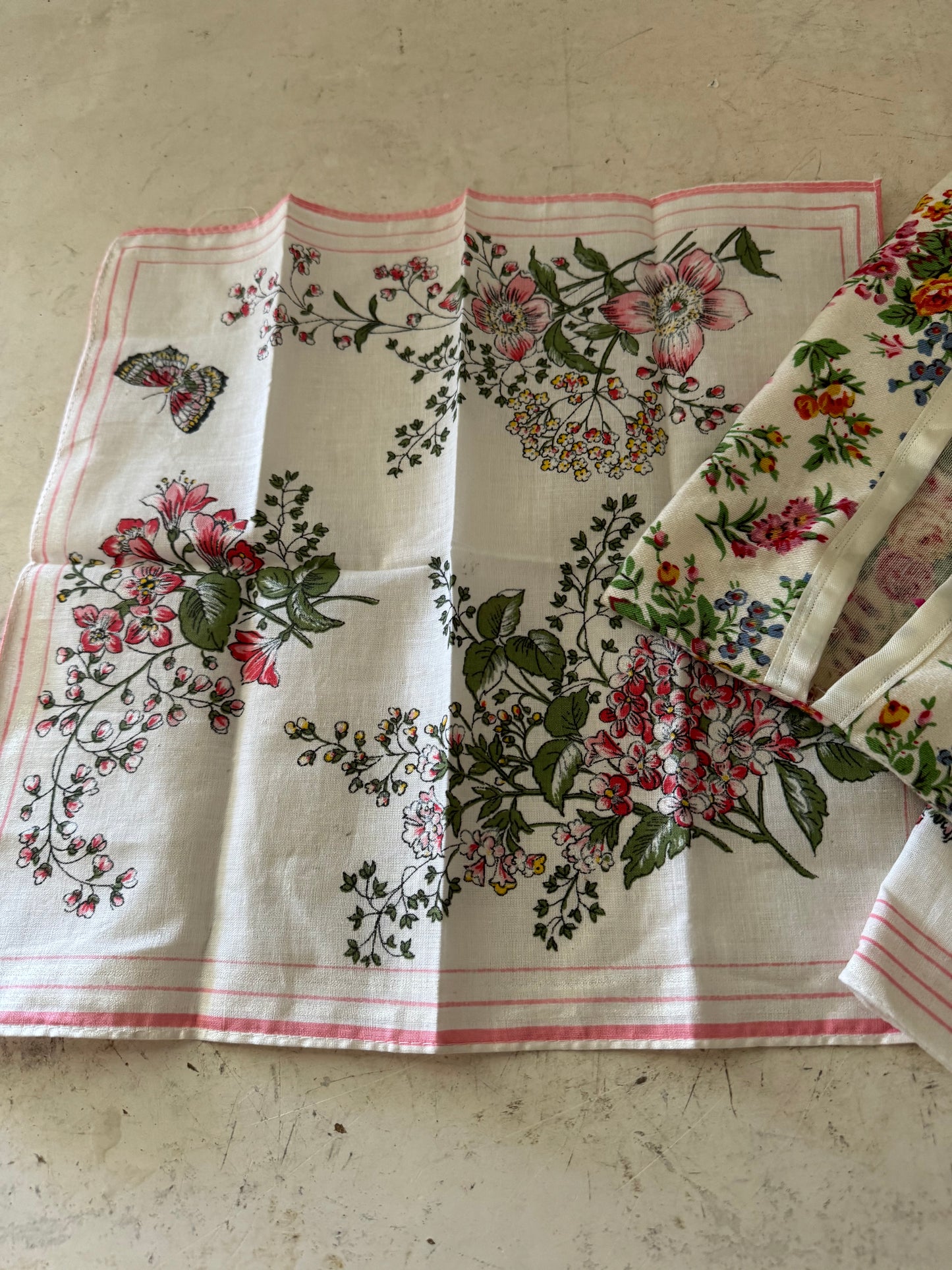 Set of three floral handkerchiefs and holder