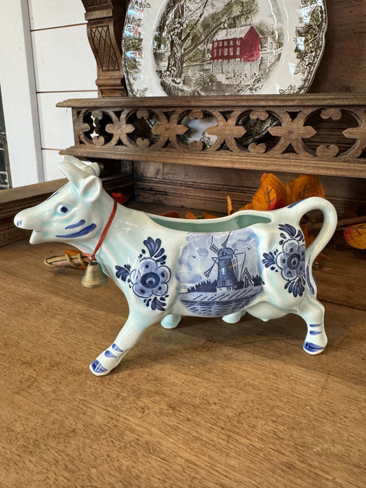 Delft Dutch Windmill Cow Creamer Hand Painted Blue/White Vintage with Bell