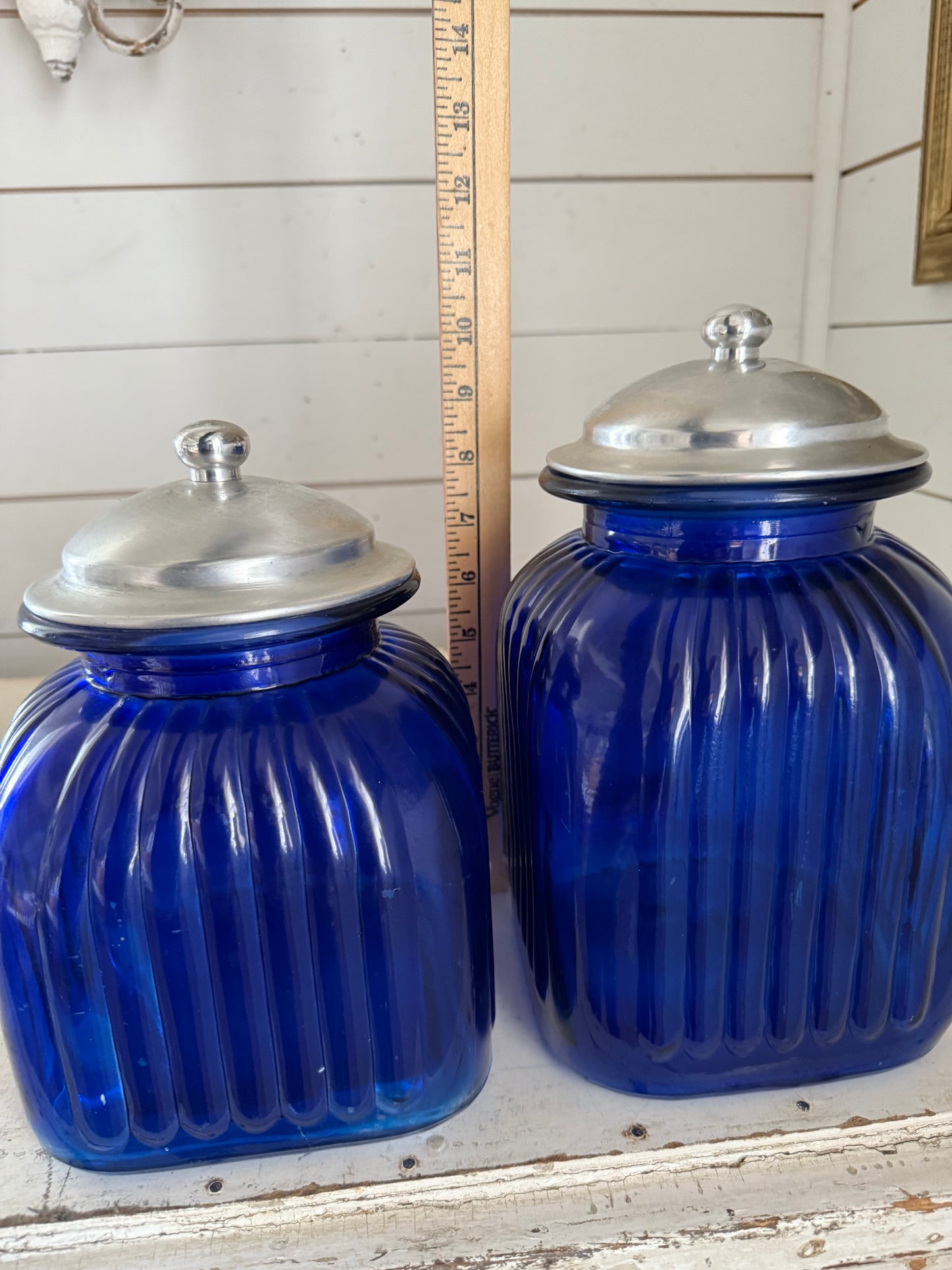 Vintage Artland Cobalt Ribbed Tall Apothecary Jar Canister With Metal Lid Set of 2