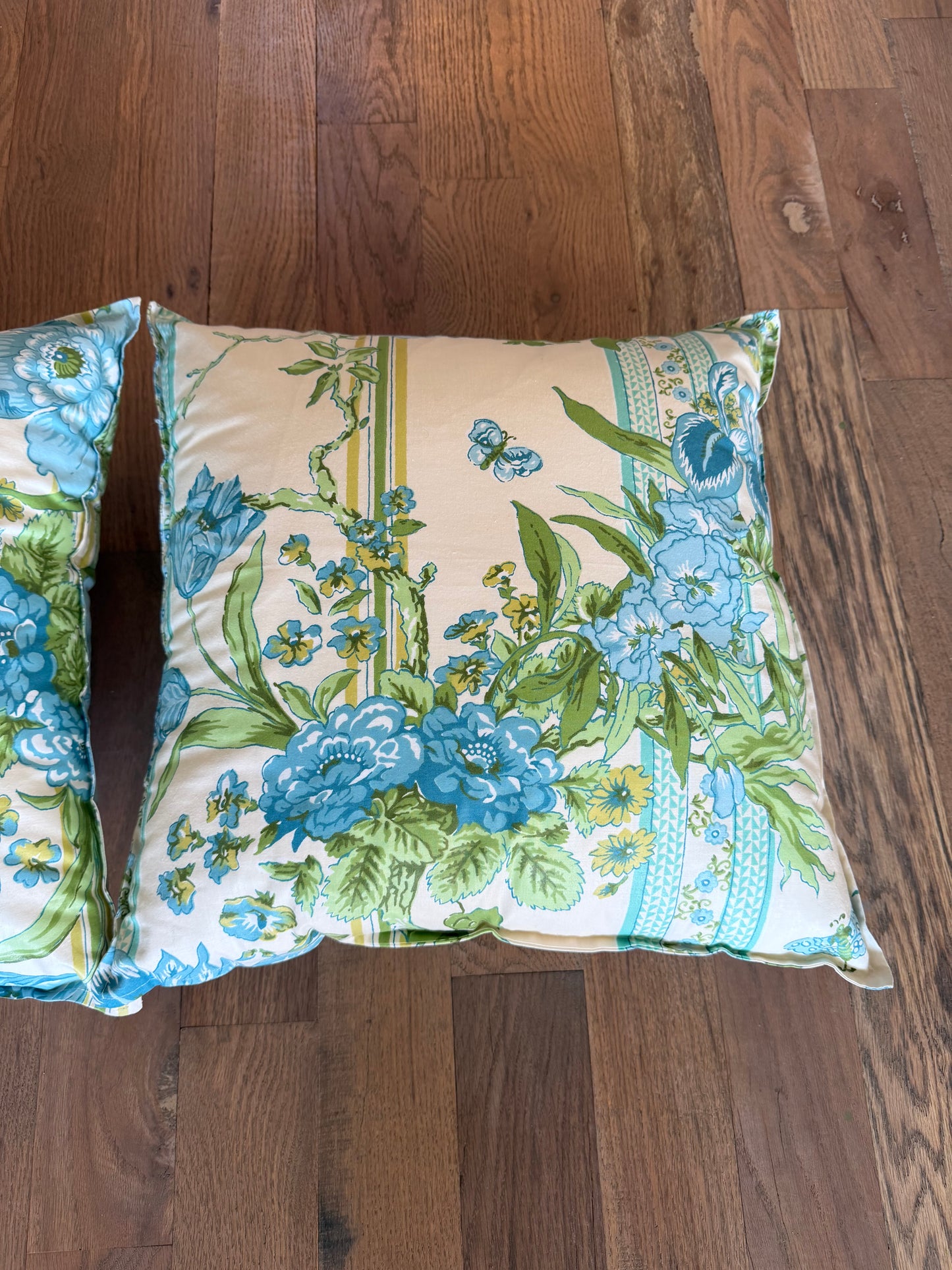 Glowing green floral throw pillows with inserts set of 2 - vintage fabric homemade