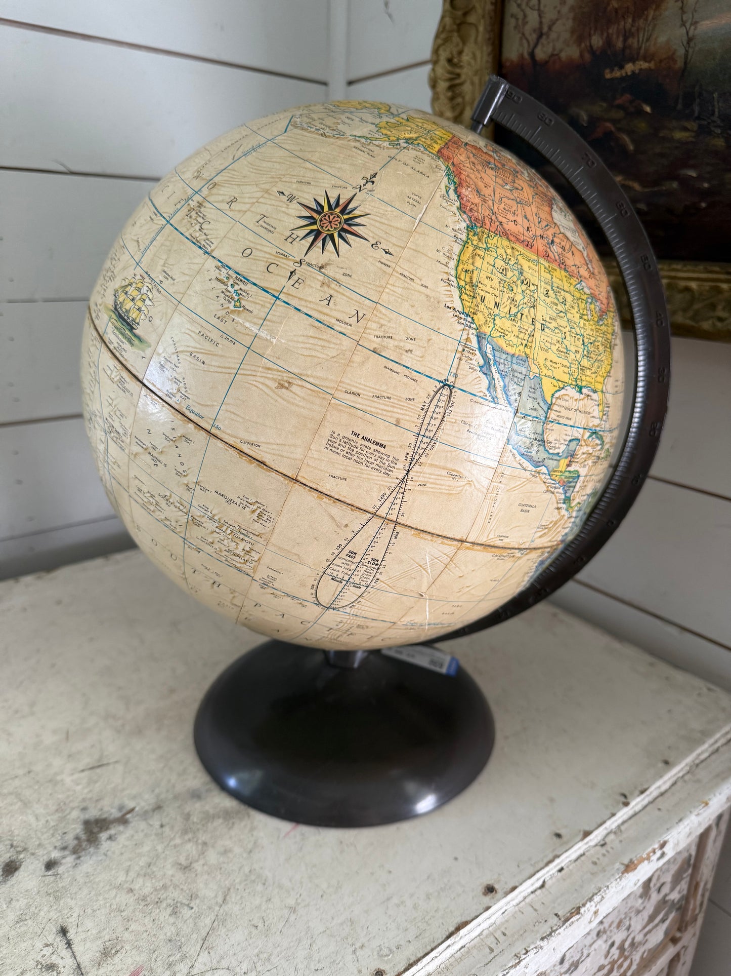 Vintage Rand McNally Terrestrial Explores Globe, Raised, Mermaid, Historic Ships