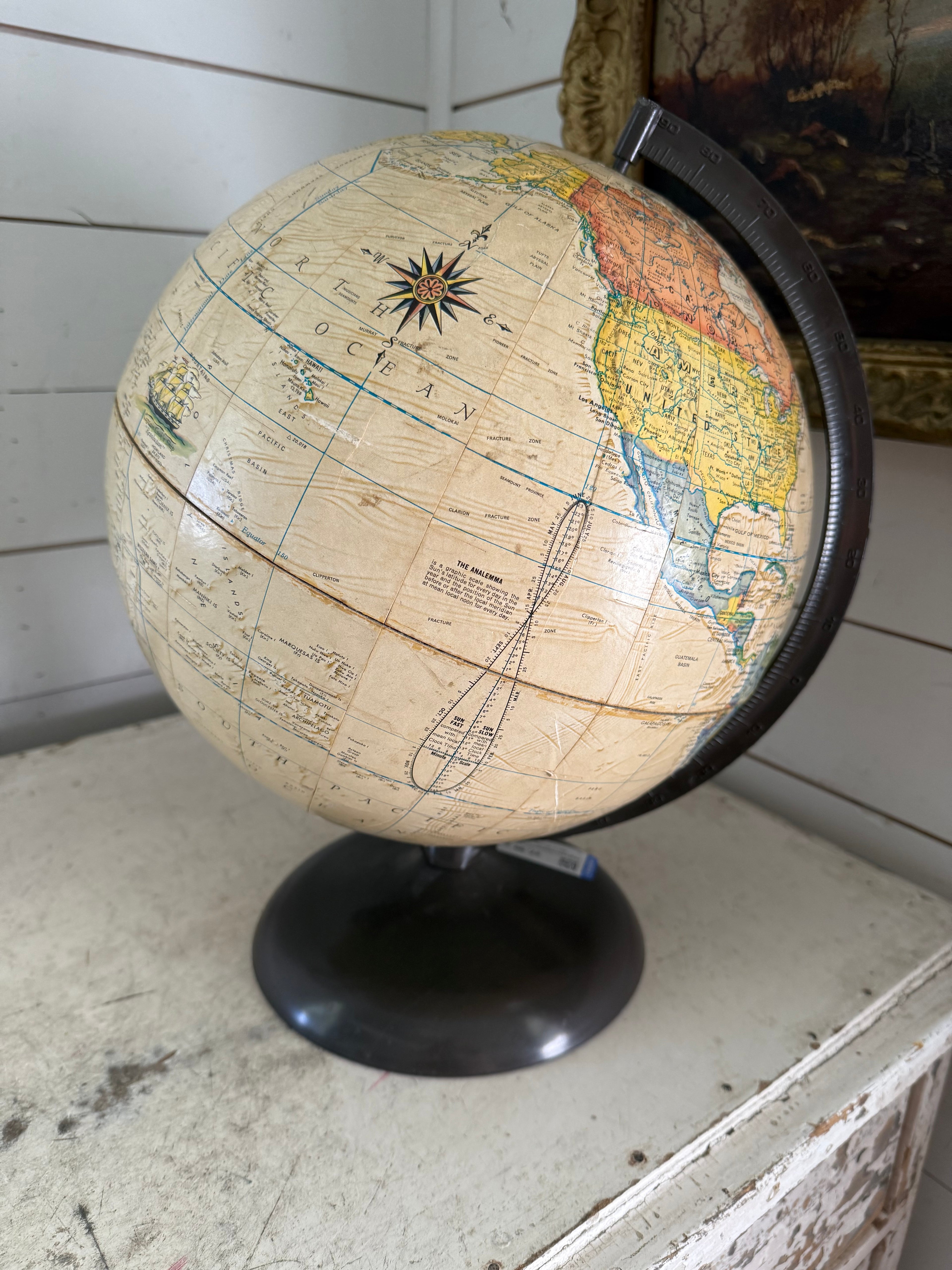 Vintage Rand McNally Terrestrial Explores Globe, Raised, Mermaid, Historic Ships
