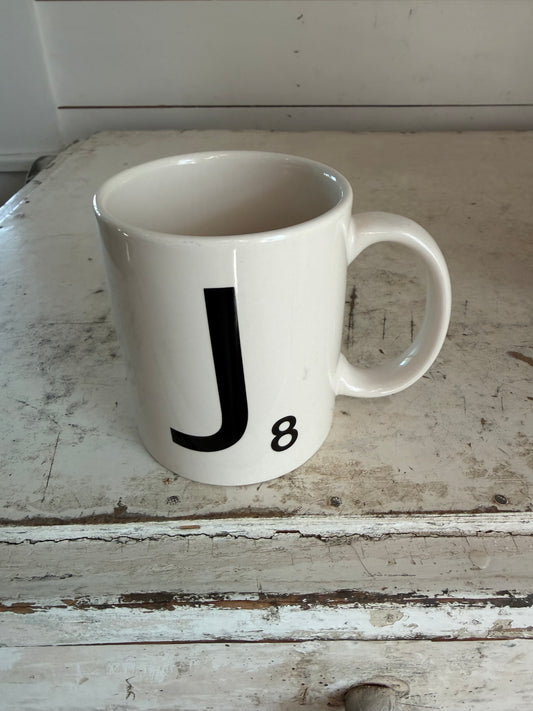 SCRABBLE J MUG. LETTER J SCRABBLE MUG. MONOGRAM J MUG