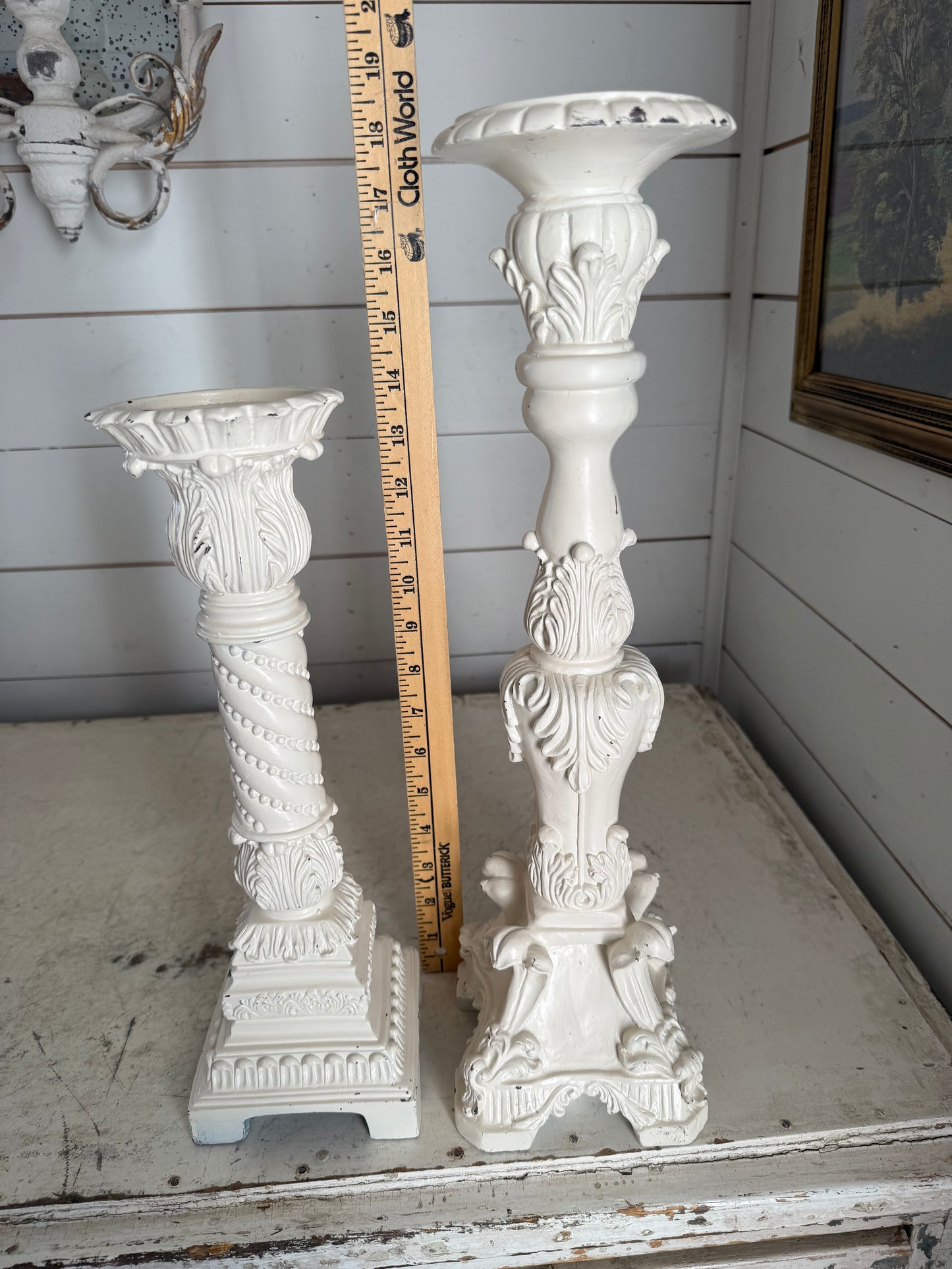 Large ornate resin candlesticks sold as a set - will get painted