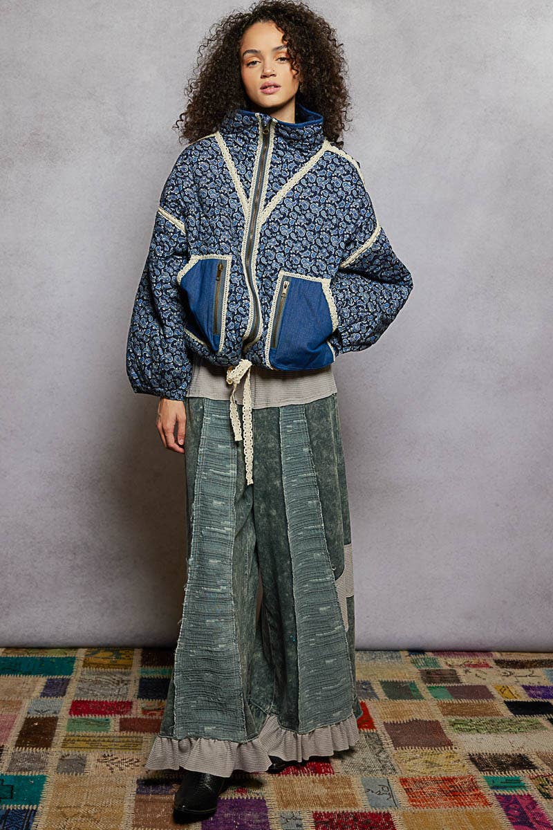 Paisley Pattern Lace Trim Reversible Padded Jacket