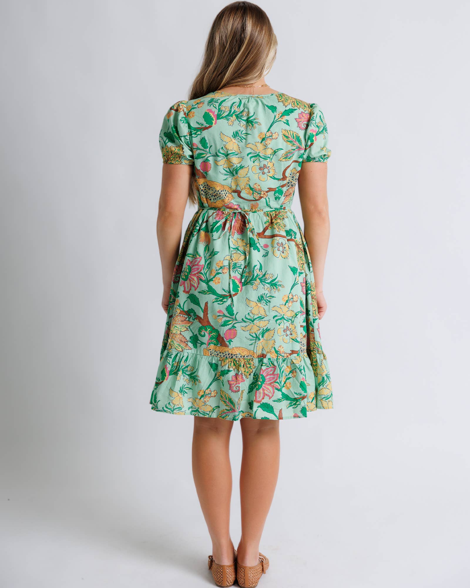 Hazel Green Floral Short Sleeve Knee Length Dress