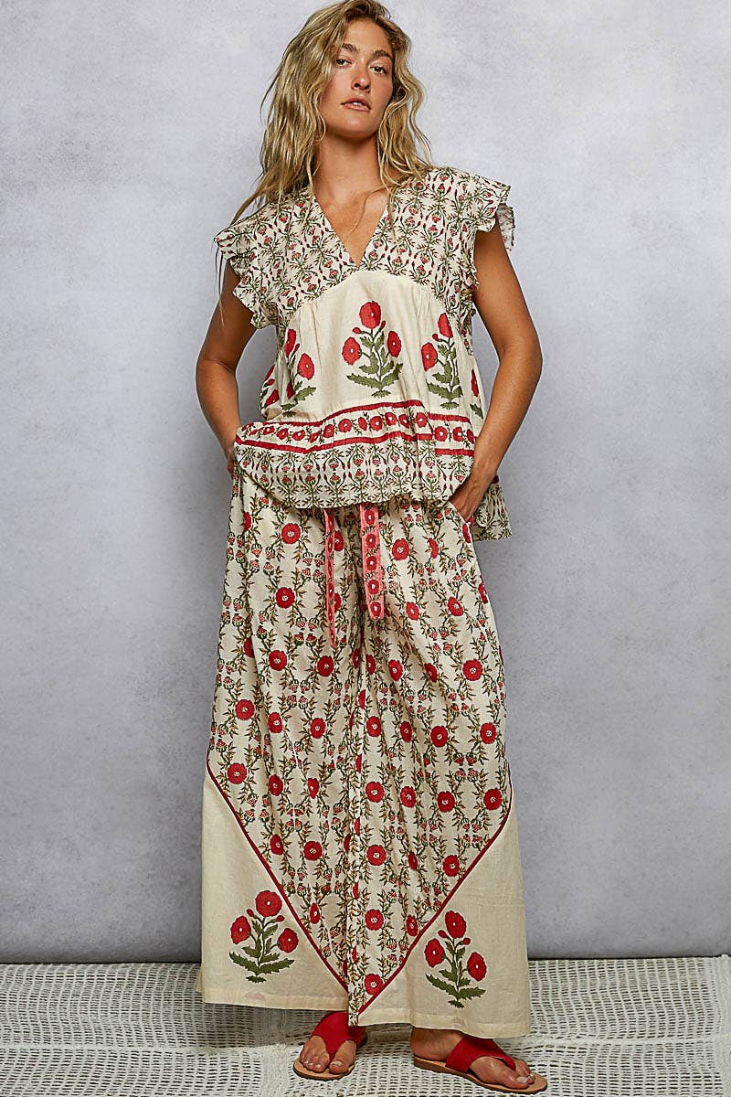 Waist Belt Floral Pattern Straight Fit Pants