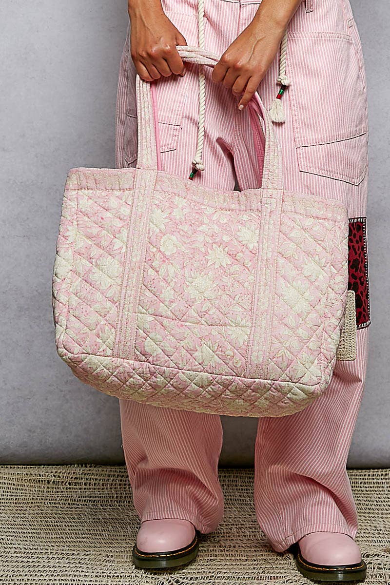 Bohemian Block Print Floral Print Woven Tote Bag