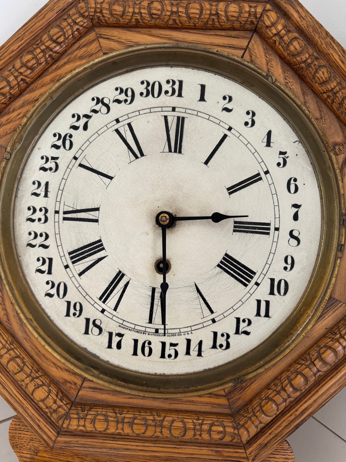 Antique Ingraham Carved Oak Calendar Regulator Clock - as is missing glass on top we did not check to see if if it works has key