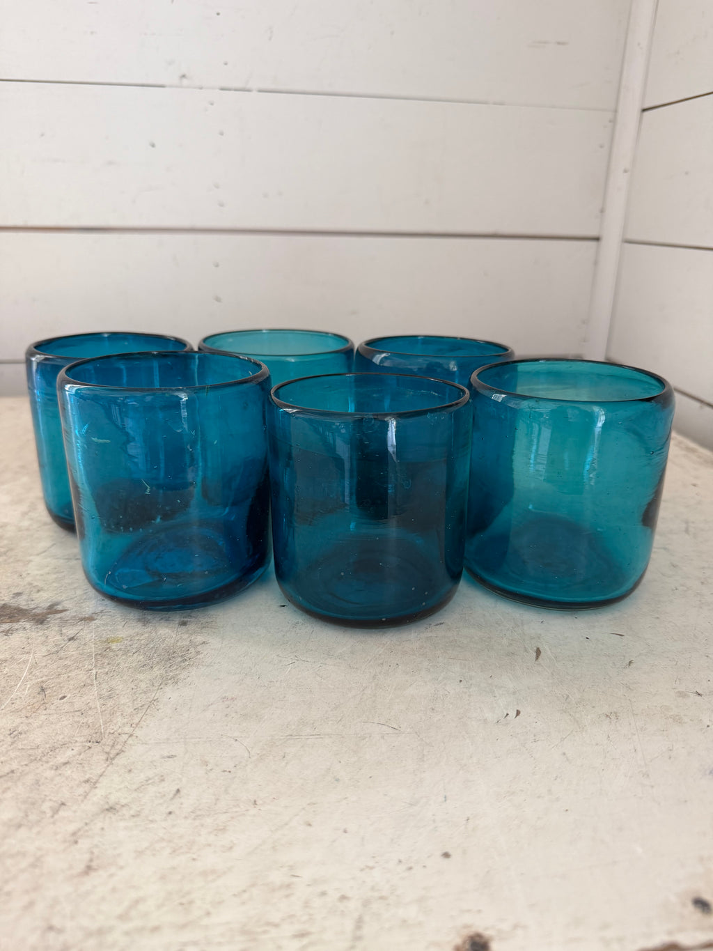 Hand Blown Low Ball Tumbler Glasses - Solid Turquoise sold individually