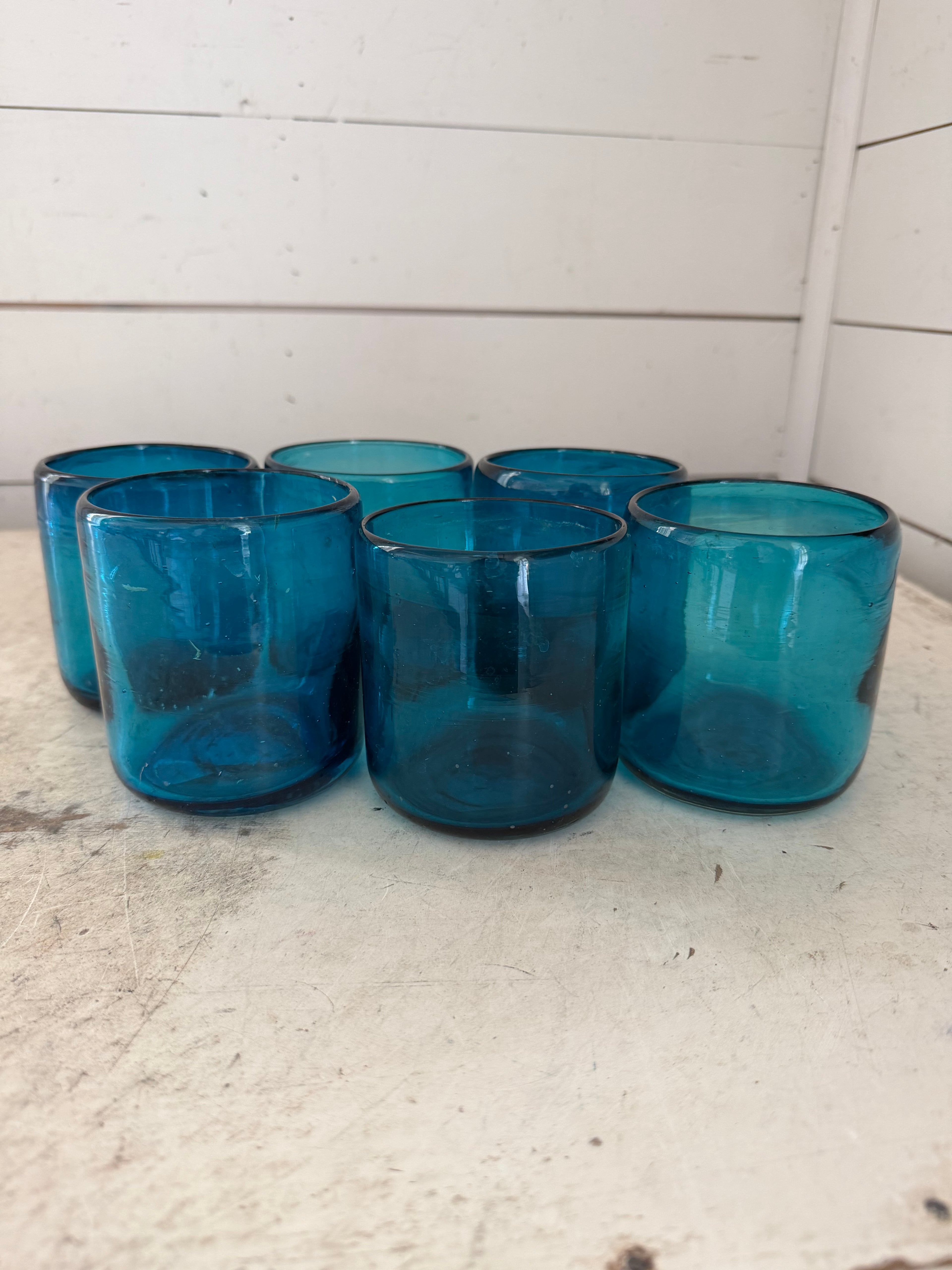 Hand Blown Low Ball Tumbler Glasses - Solid Turquoise sold individually