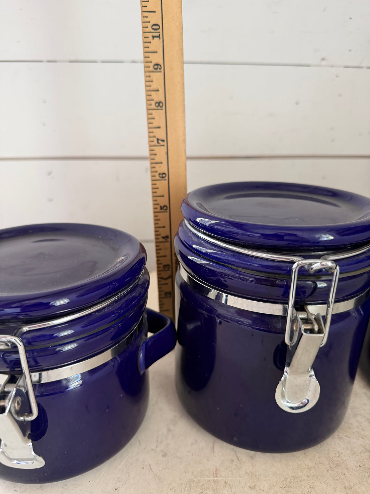 Vintage Set of 4 Stoneware Cobalt Blue Canisters w/Silver Hardware | Set Includes: X-Large, Large, Medium,Small