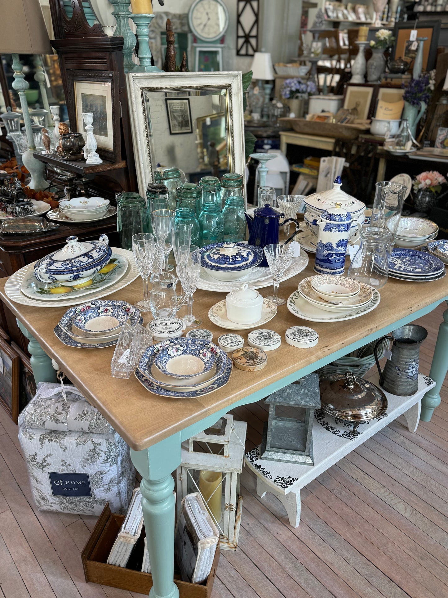 Farmhouse Table with Drawer - Refinished with natural wood top and Apothecary base - Solid wood and sturdy 60x36x30”