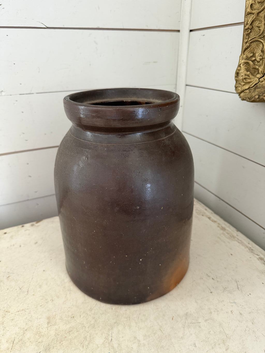 Antique brown-glazed stoneware crock