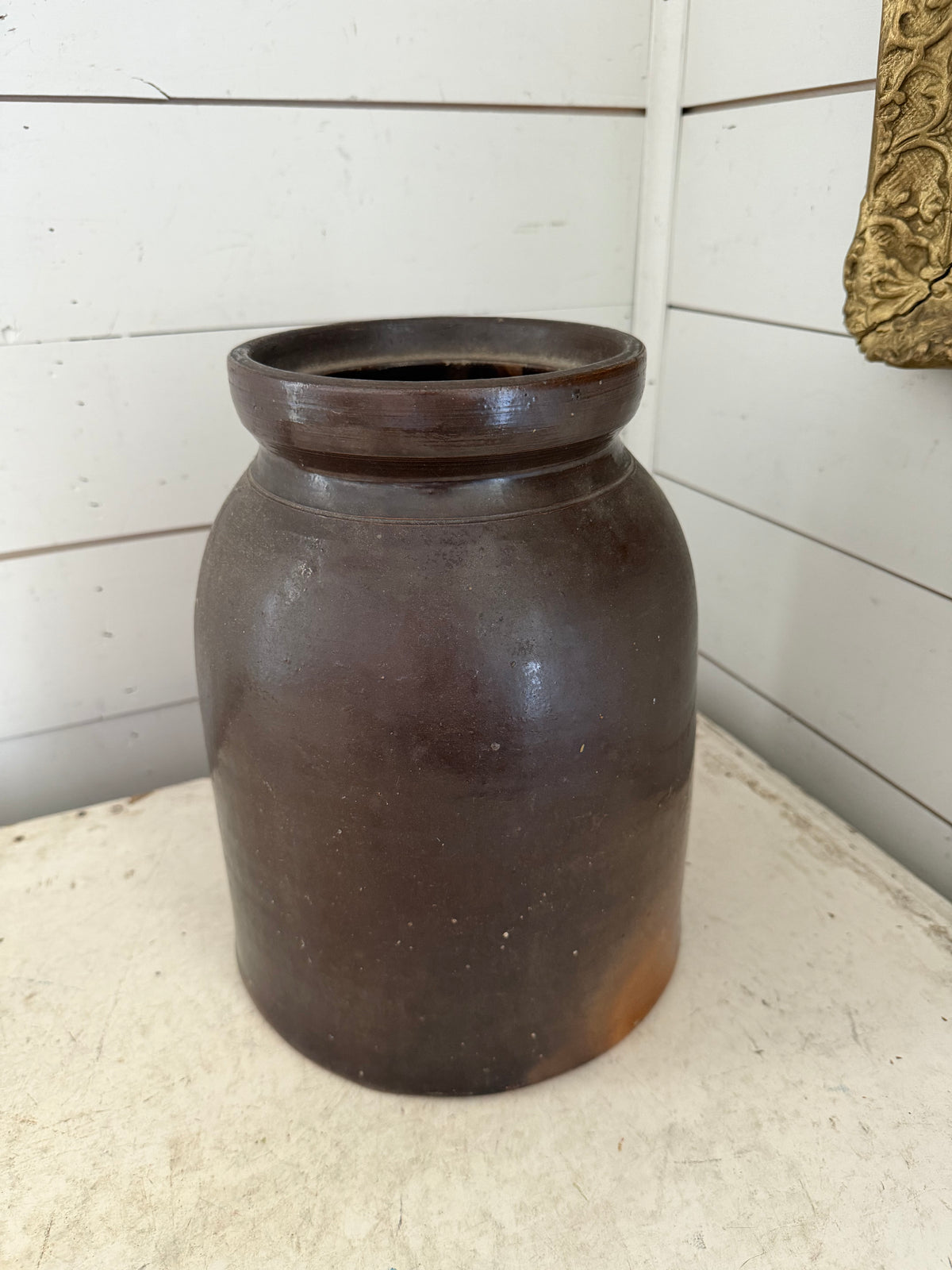 Antique brown-glazed stoneware crock
