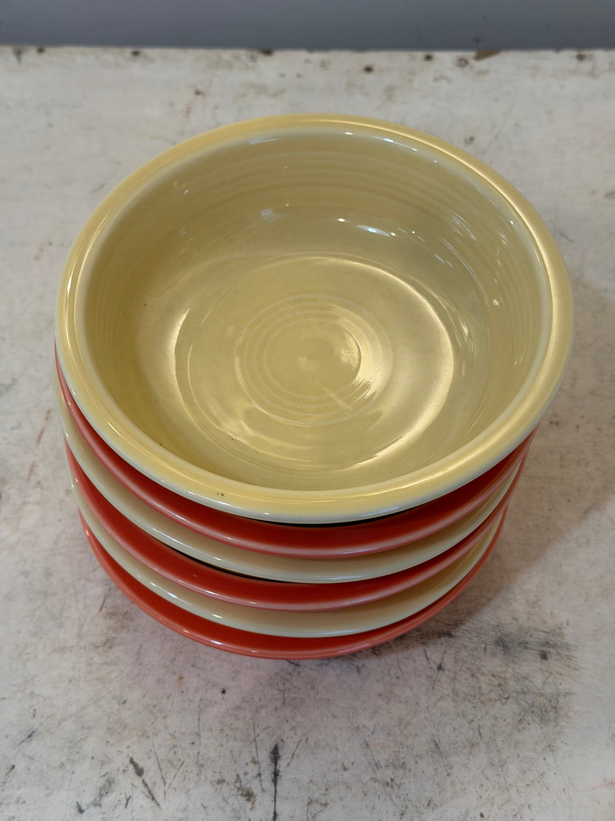 vintage Homer Laughlin Fiestaware 7" coupe cereal bowls in yellow and scarlet colors - SOLD individually