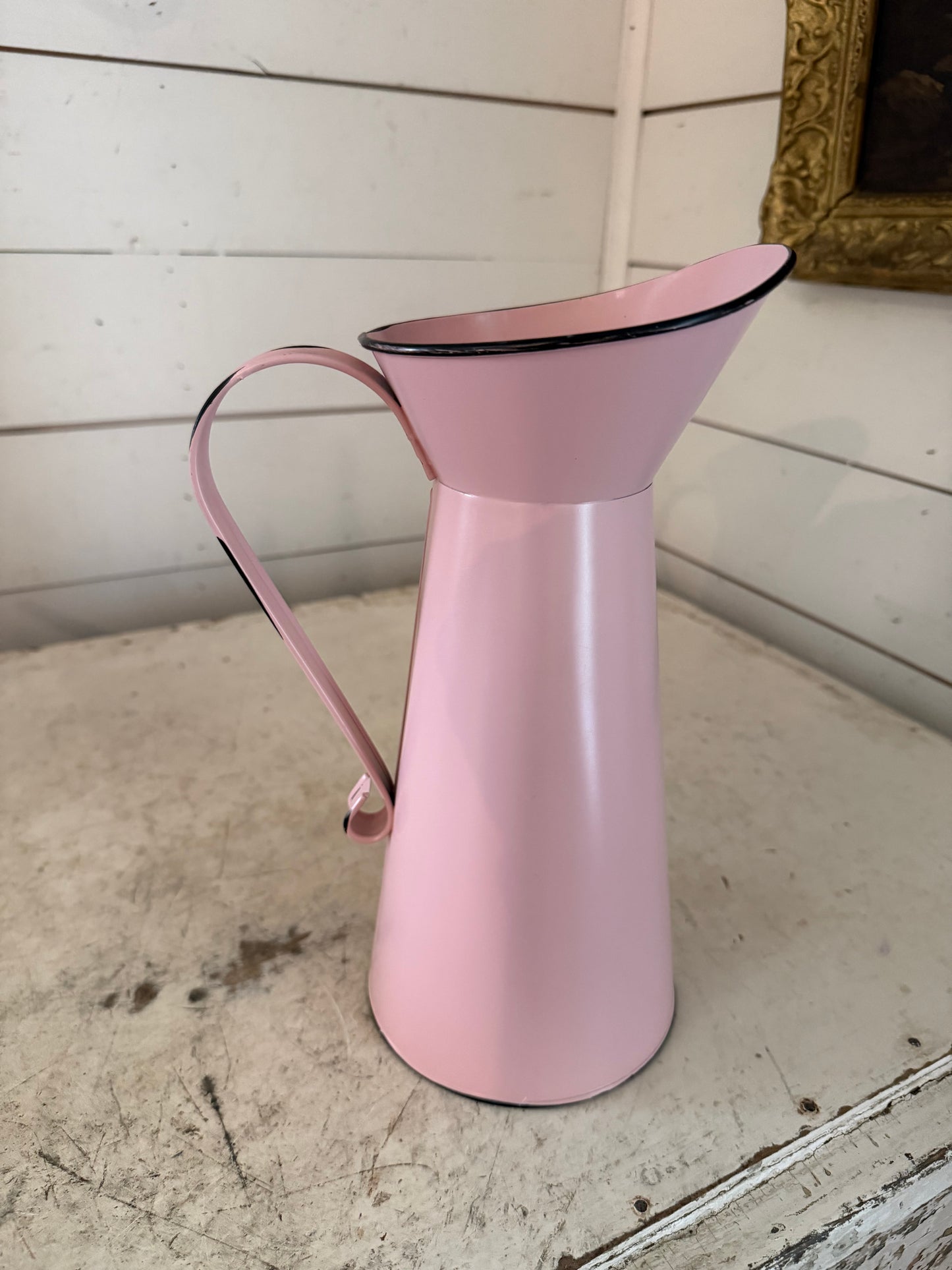Pink enamel pitcher for decor