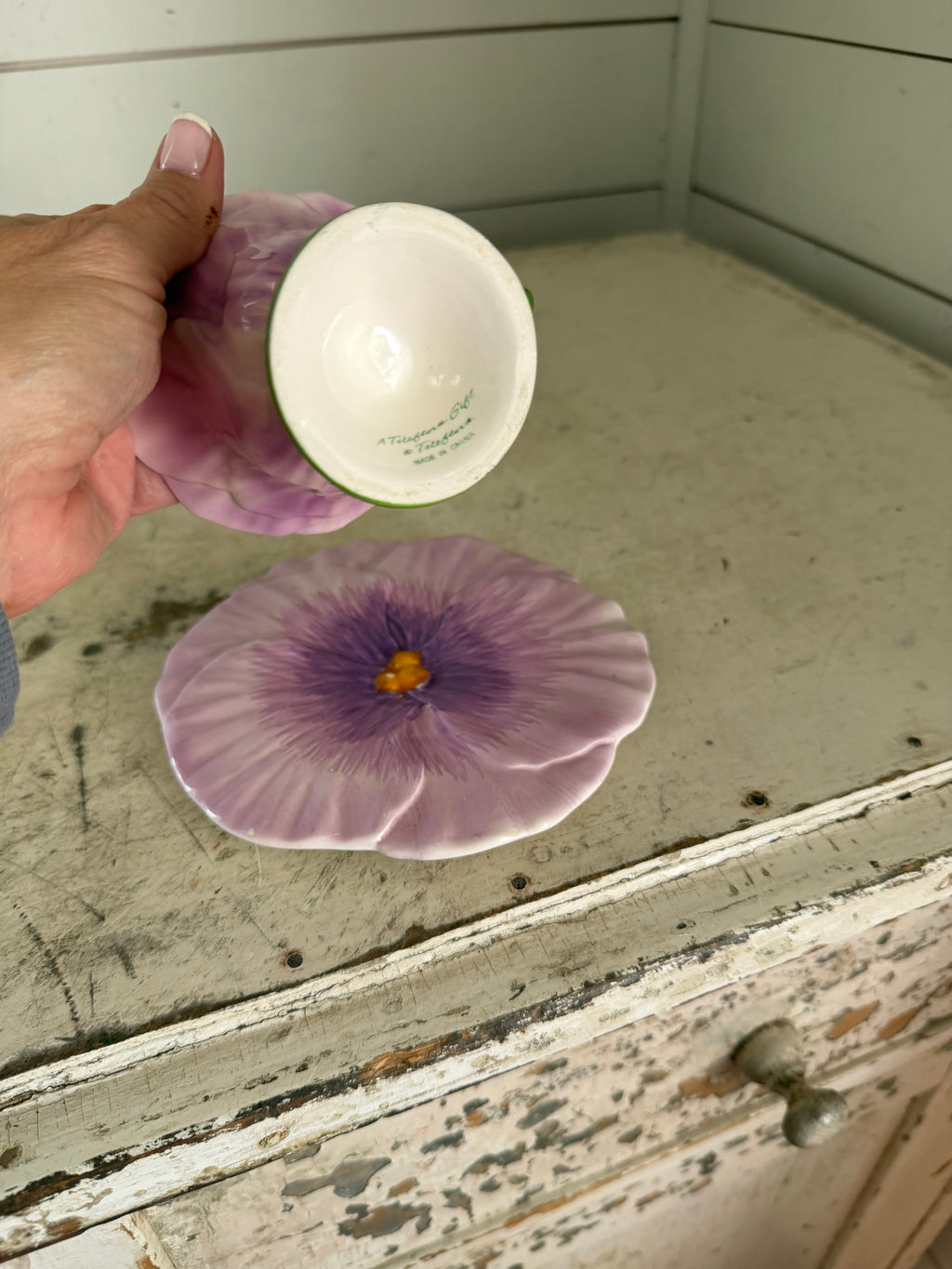 Vintage Teleflora Whimsical Purple Violet Flower Teacup and Saucer as is small chip in saucer