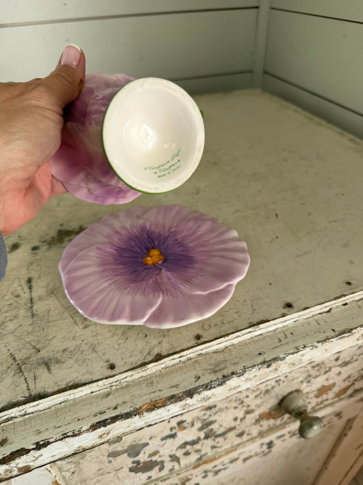 Vintage Teleflora Whimsical Purple Violet Flower Teacup and Saucer as is small chip in saucer