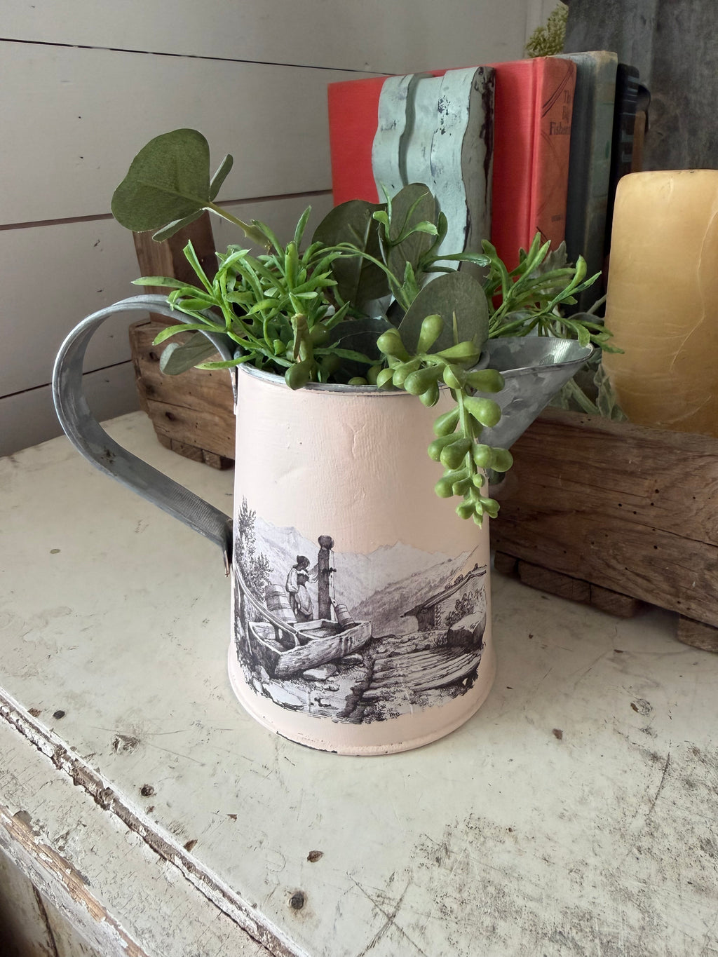 Pink Mini galvanized pitcher greenery not included hand painted 5”