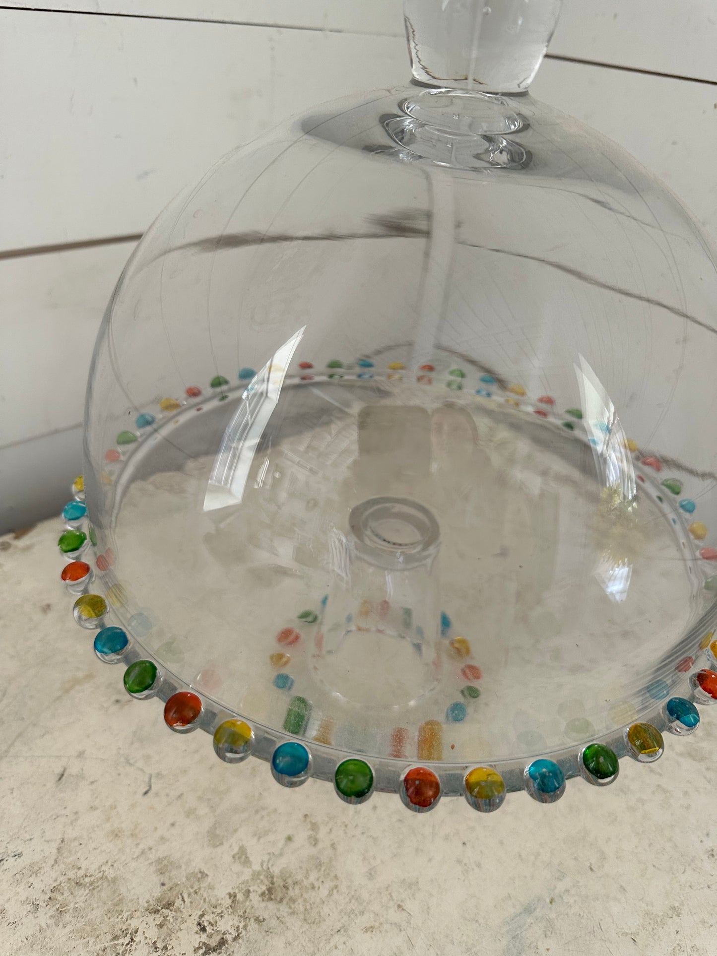 Multicolor Beaded Glass 10 7/8" Cake Stand & Dome Cover - Small Chip