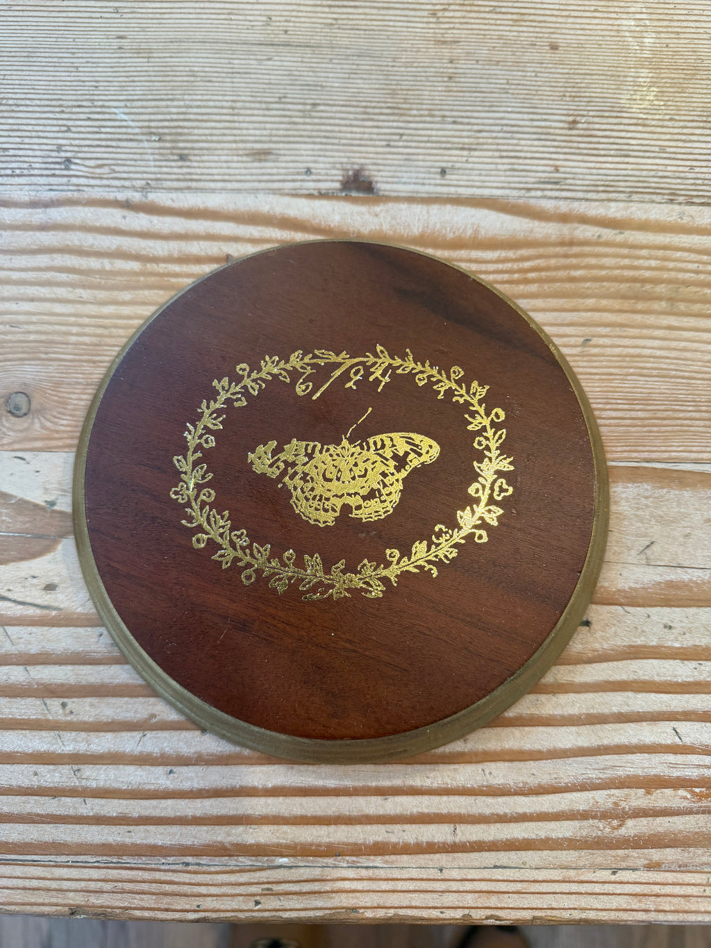 Small Round Wood Plaque With Gold Foil Butterfly