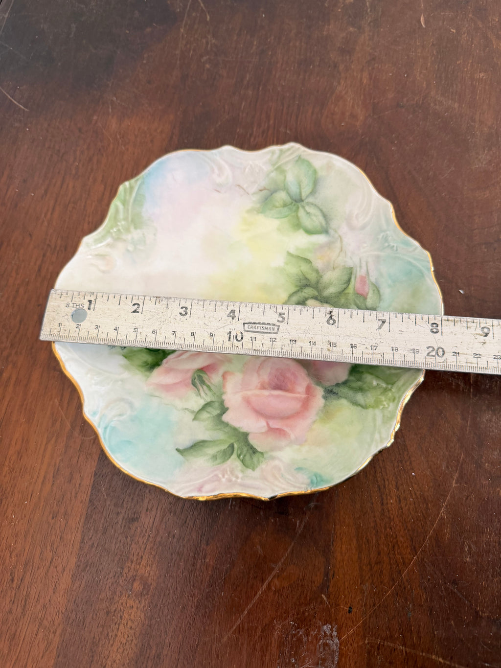 Vintage Porcelain Hand Painted Pink Rose Plate - has hanging holes