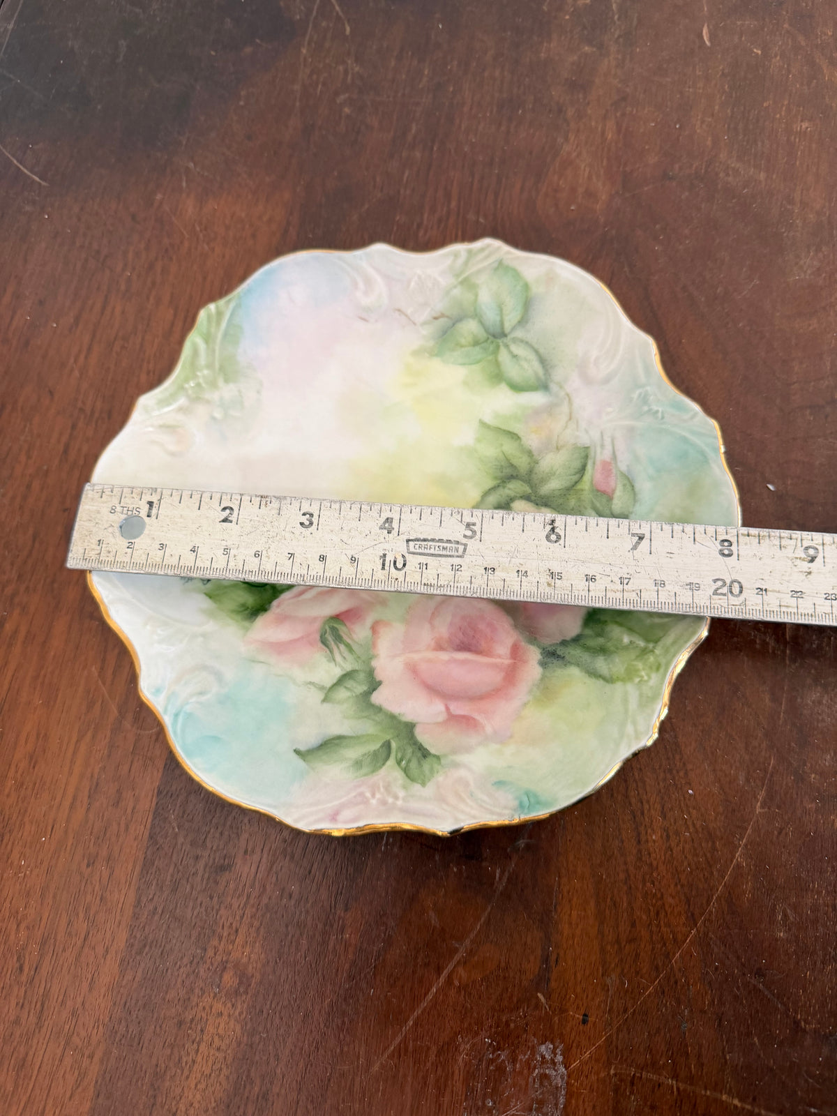 Vintage Porcelain Hand Painted Pink Rose Plate - has hanging holes