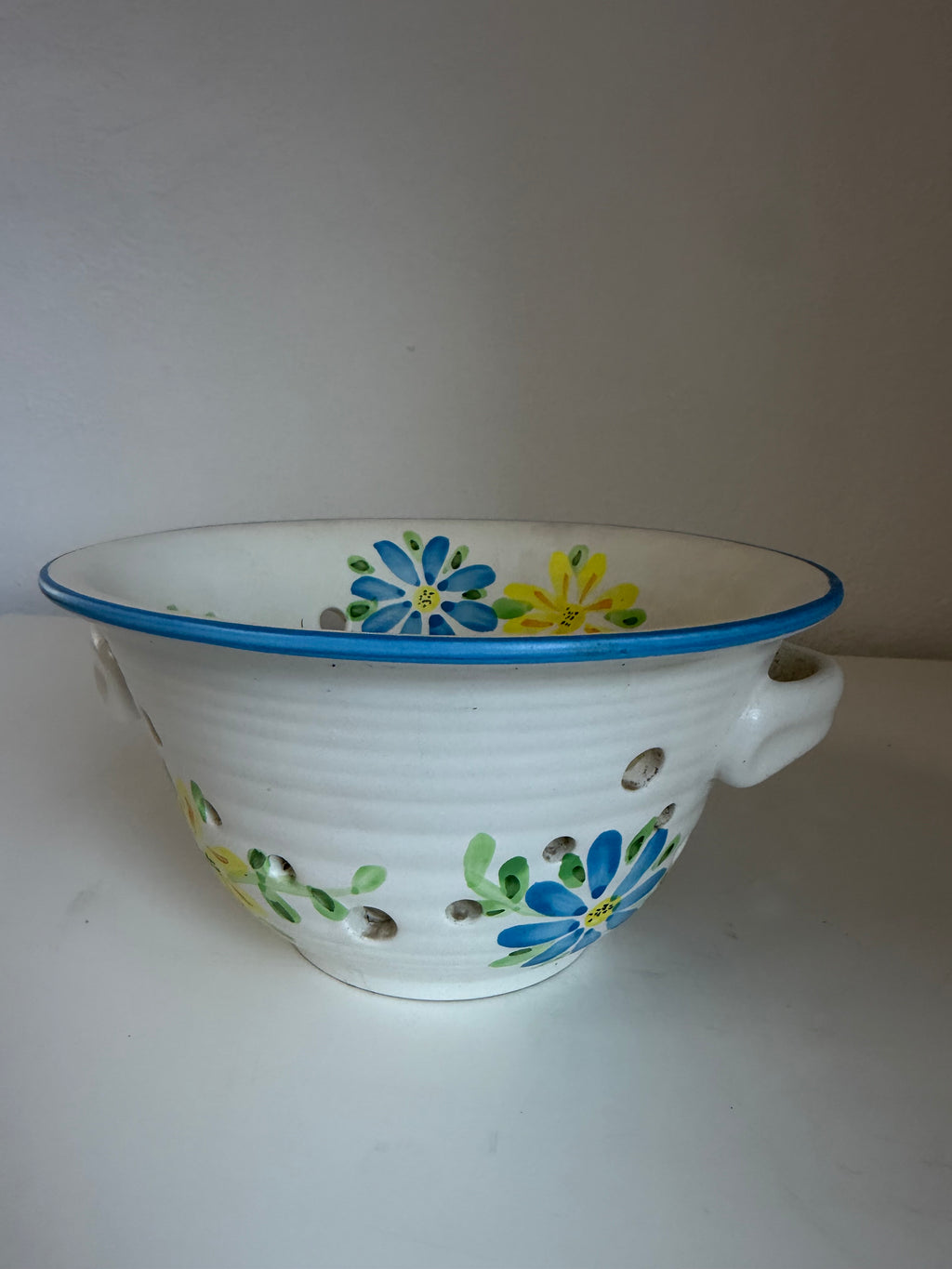Debco Pottery Berry Bowl Colander – Hand Painted Blue Yellow Floral Ceramic Strainer
