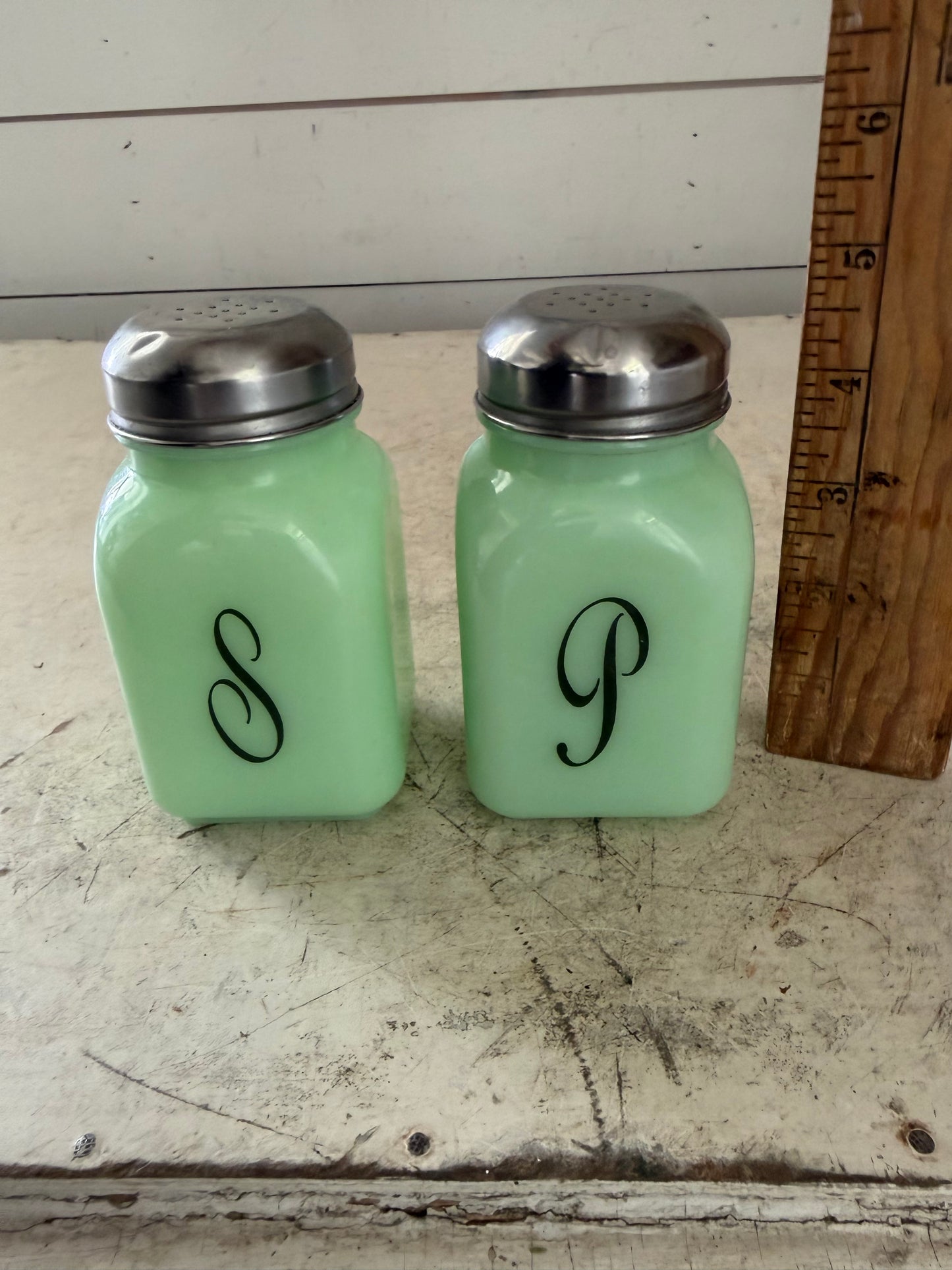 Mosser Jadeite Green Monogrammed Salt & Pepper Shakers Set Jadite Jade