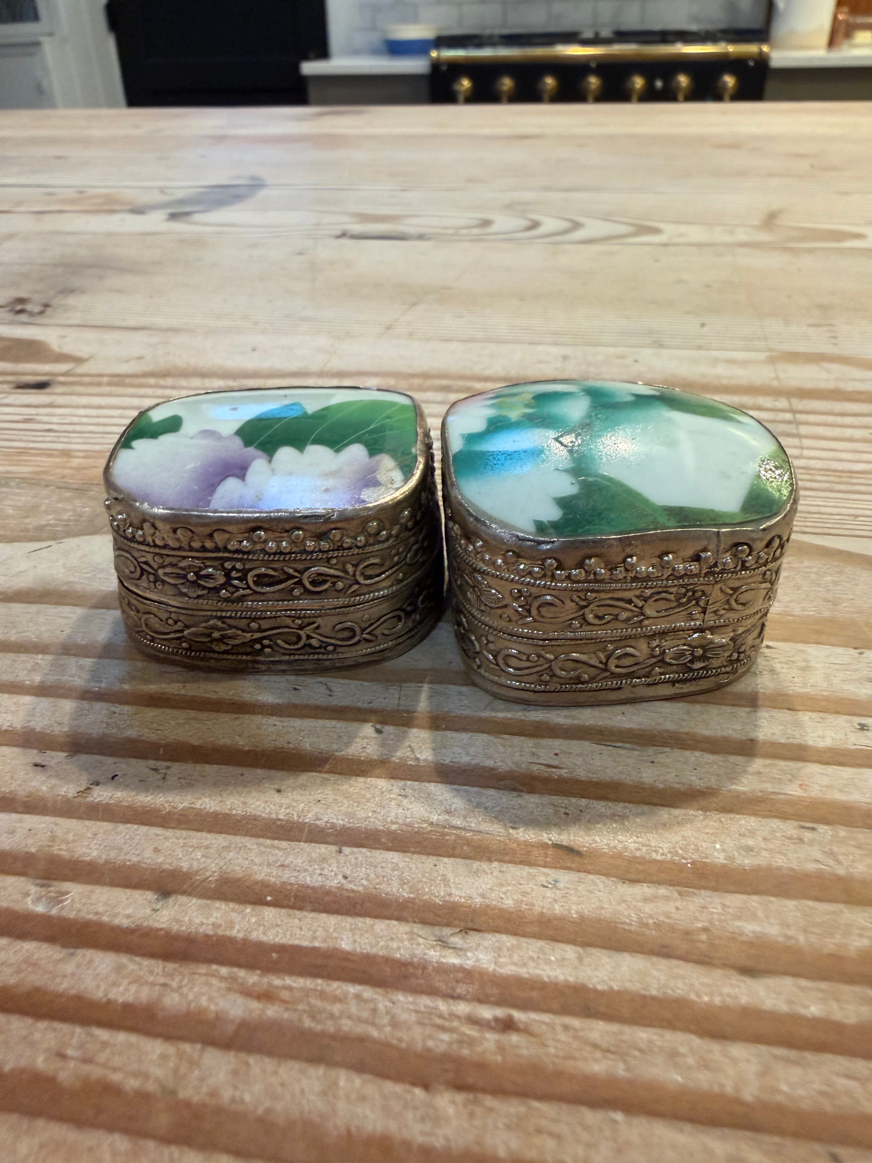 Vintage Chinese Shard Trinket Box Silver-Plated Porcelain Leaf Pattern 2.25” sold individually
