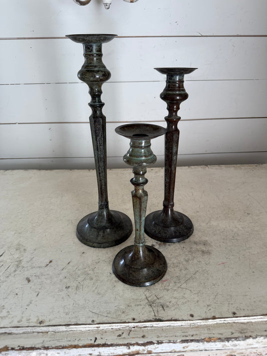 Antique solid, painted bronze, candlestick set of three