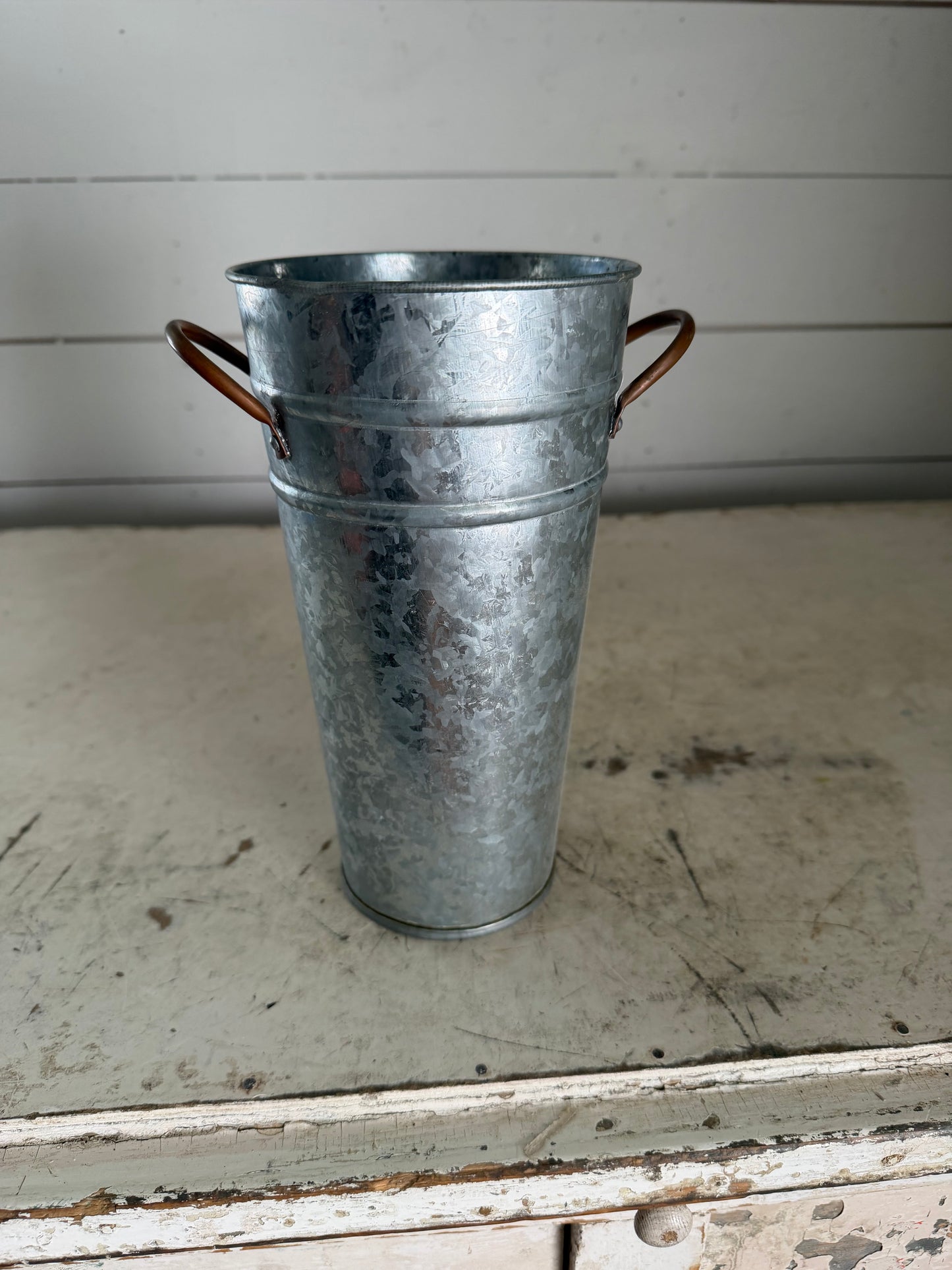9-1/2” Galvanized Flower Bucket with Copper Handles - Will Get Makeover