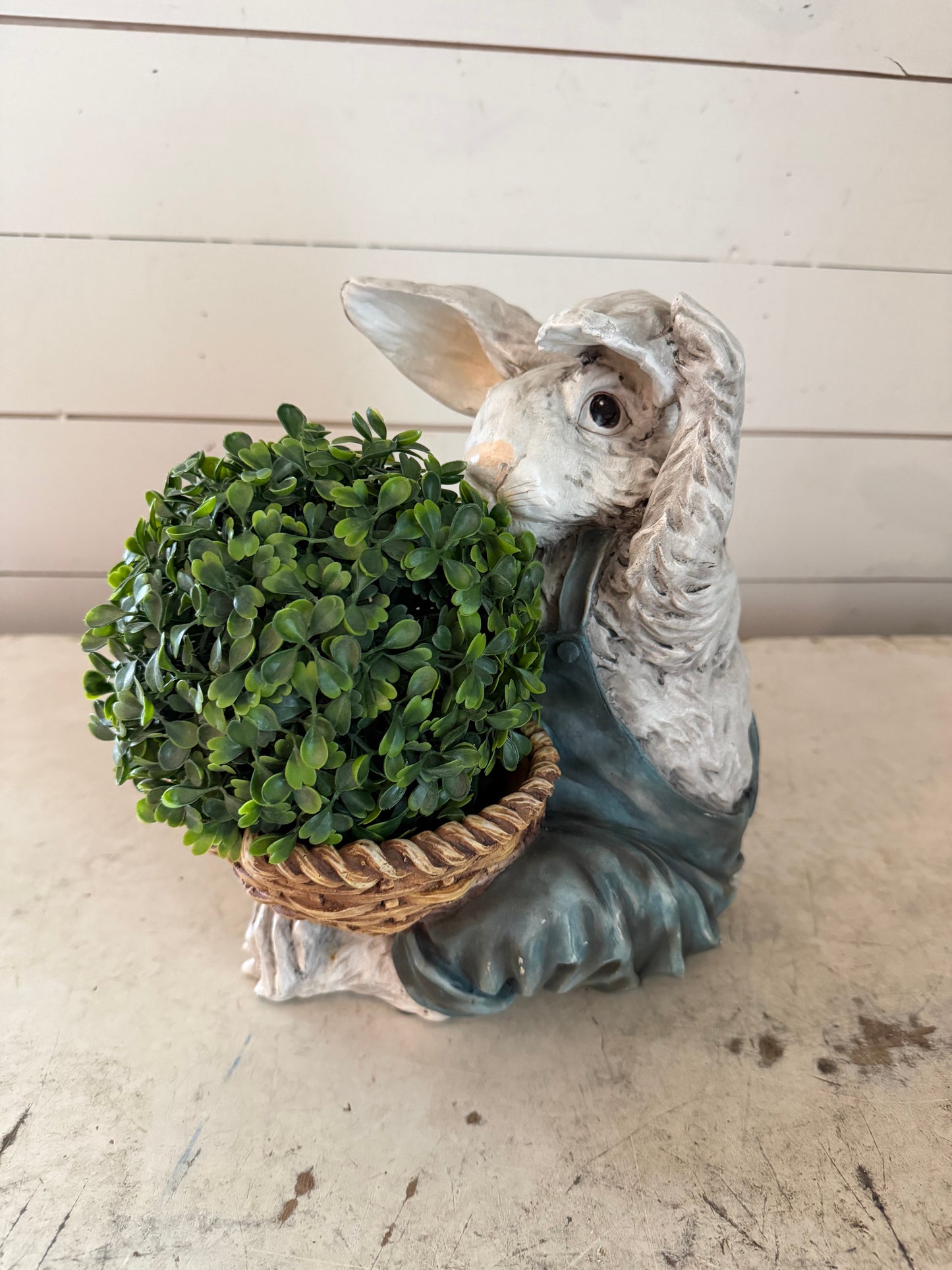 Vintage Seated Farmer Bunny Rabbit With Basket greenery included