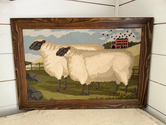 Two Fat Suffolk Lambs Framed Needlepoint