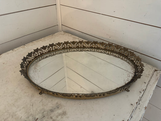 Vintage Mirror Vanity Tray with Ornate Edge and Velvet Aged Backing