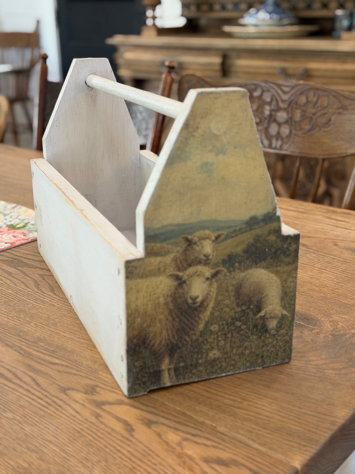 Hand Painted Sheeo and Chicken Handmade Wood Tote 16.5” long