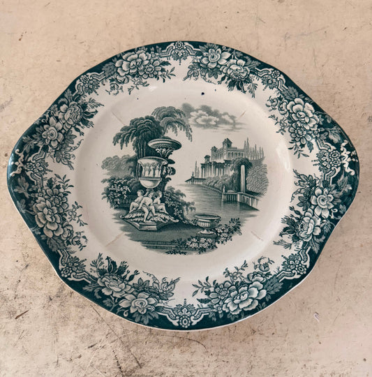Antique Victorian Ironstone Platter, Dark Brown & White Transferware Green and White