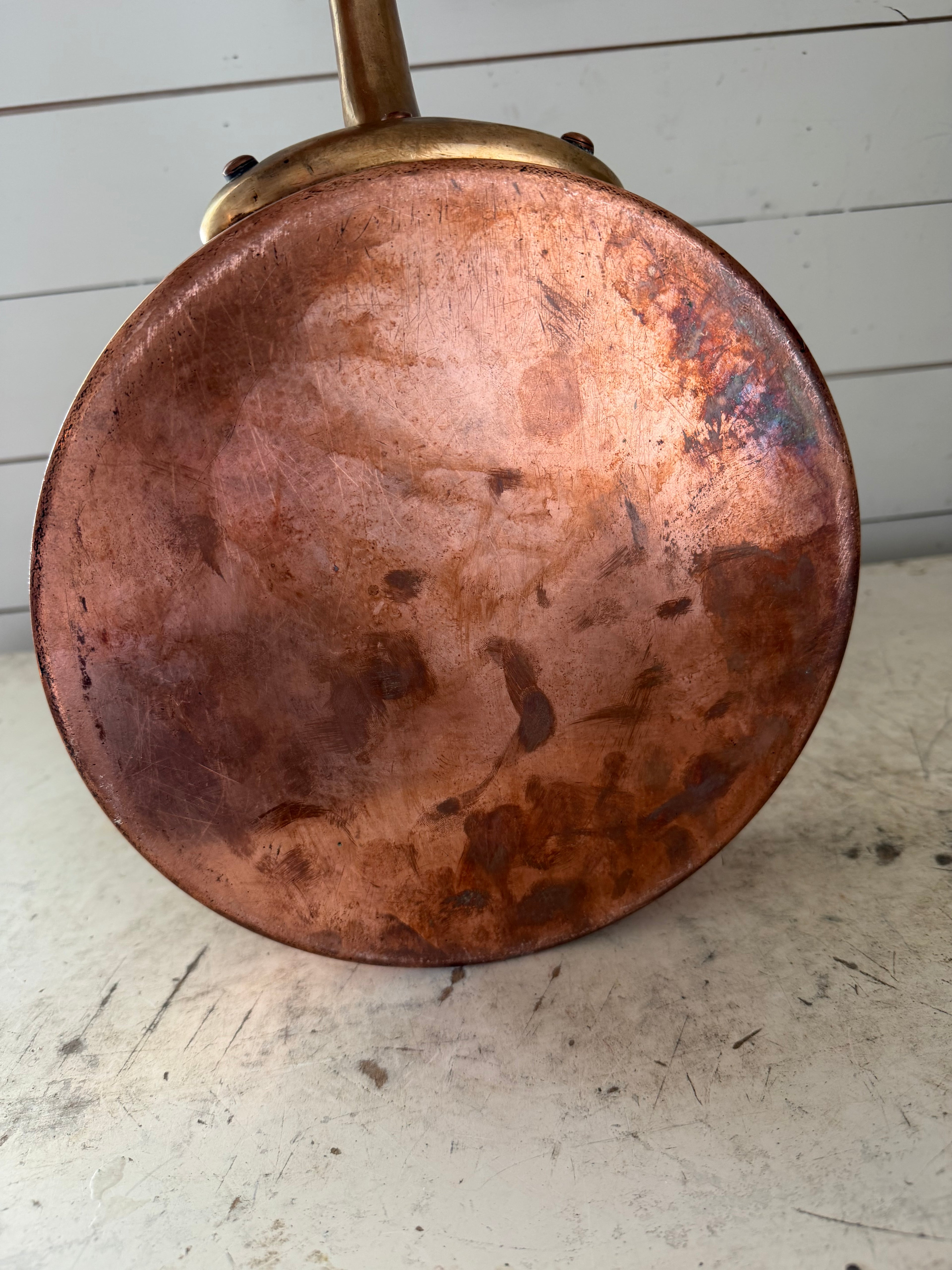 Antique English HELVETIA’ COPPER SAUCEPAN brass HANDLE