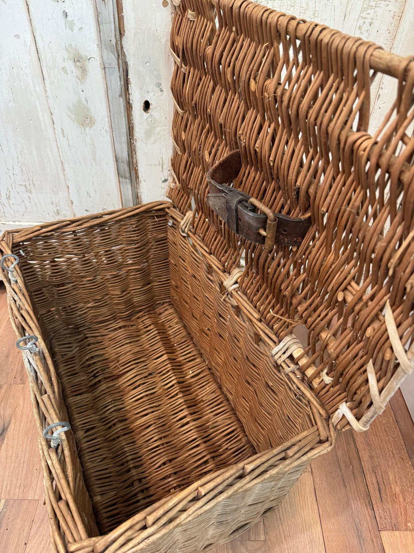 Antique Victorian English Wicker Basket with Leather Strap and raw hide leather stitching - original paint