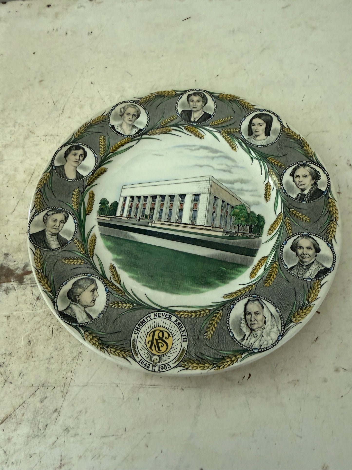 Adams 1955 RELIEF SOCIETY BUILDING Dinner Plate - The Church of Jesus Christ of Latter-Day Saints - Polychrome Commemorative Collector Plate