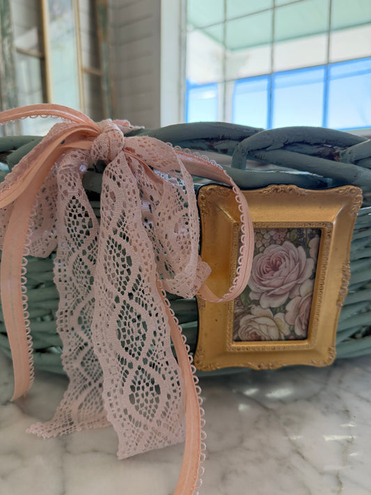 Hand Painted Basket with floral frame and ribbon