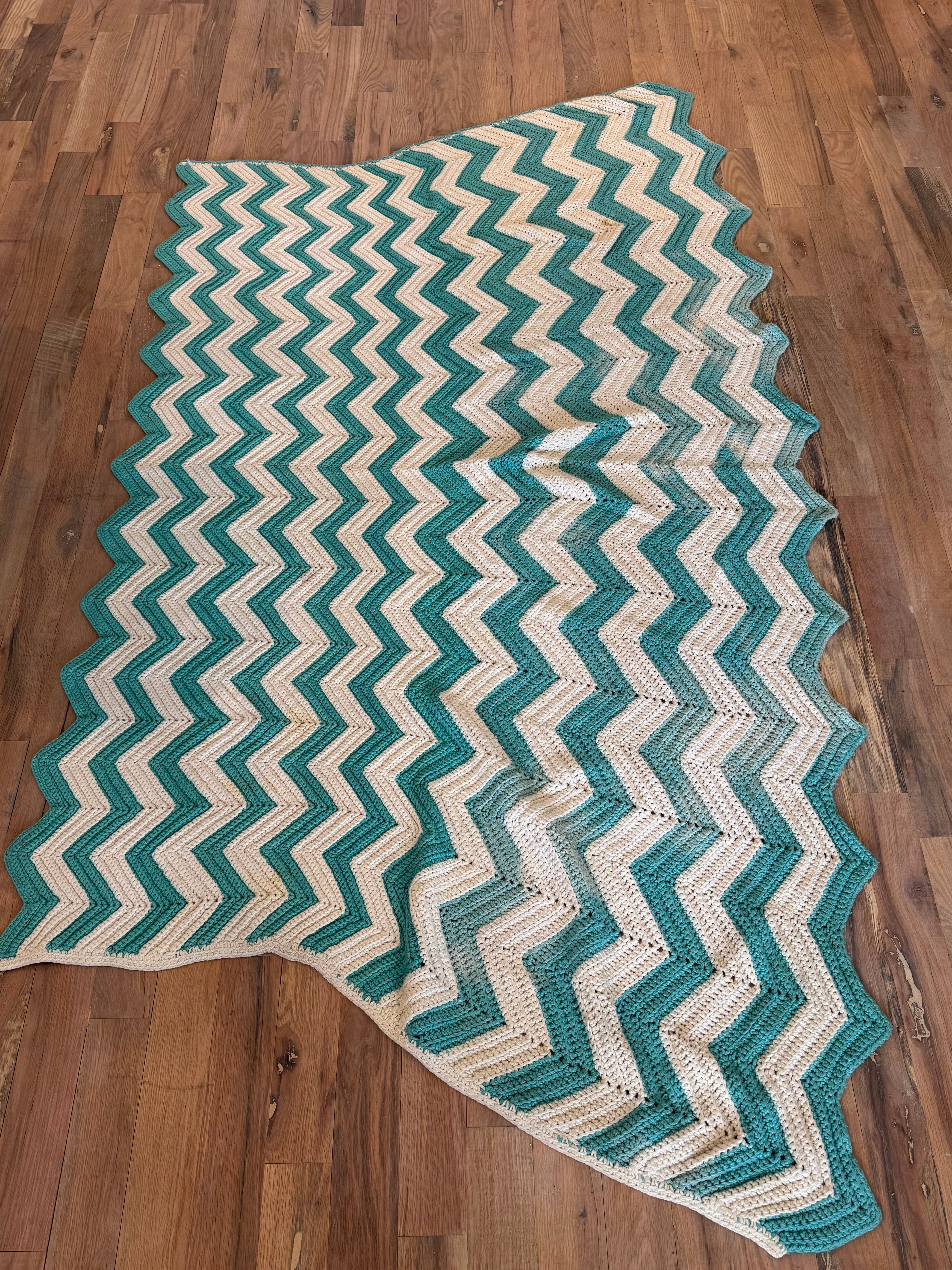 Turquoise & White Chevron Afghan - has imperfections and shown 72x50