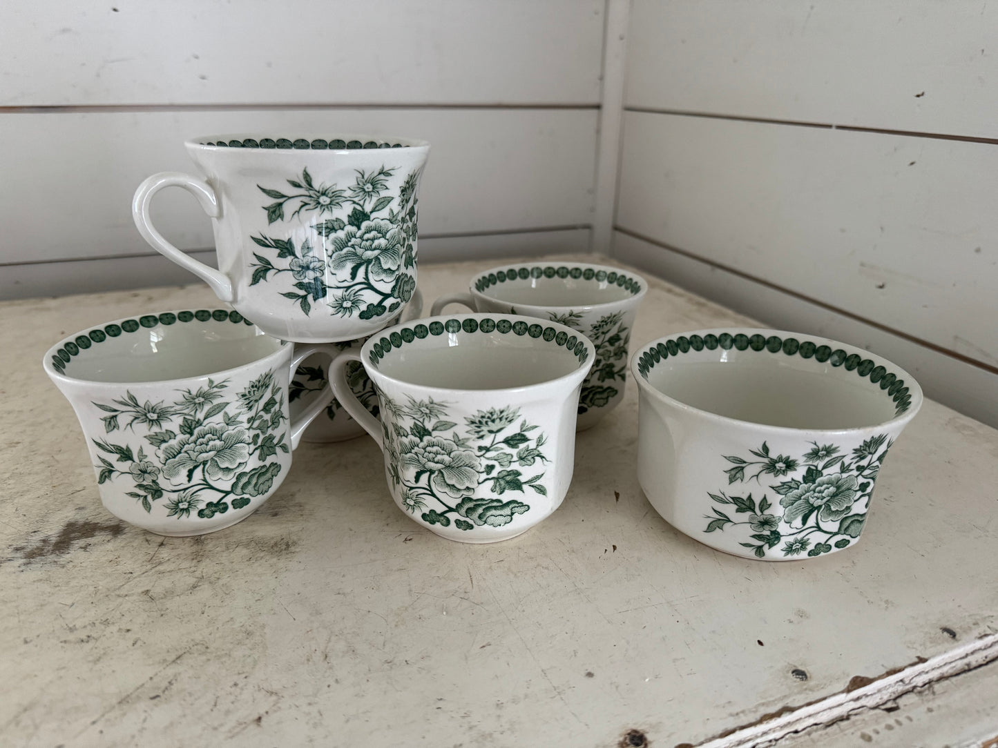 Meakin Green Transferware Teacups & Sugar Dish Sold Individually