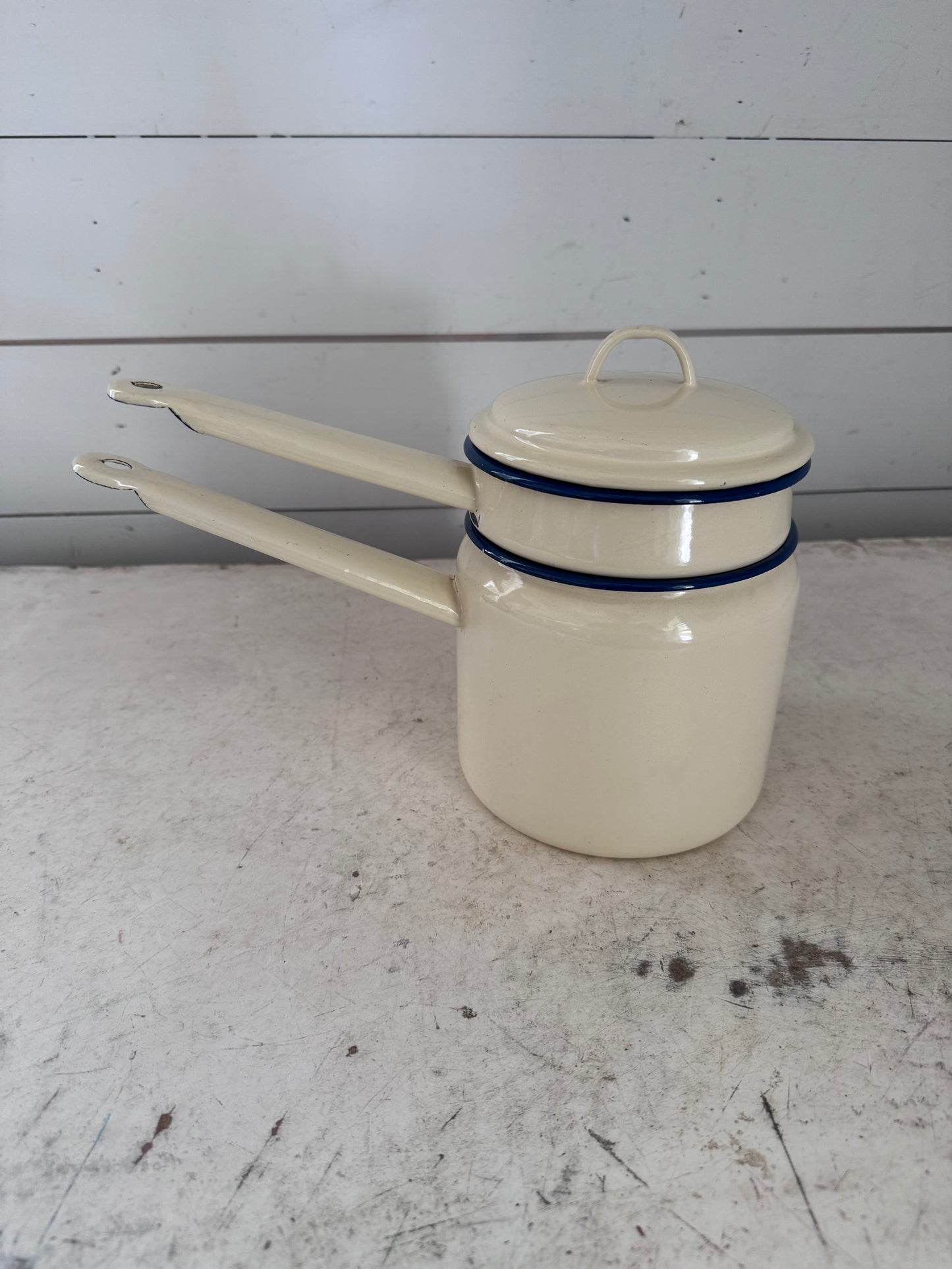 Cream and Blue Enamel Double Boiler Made in Poland