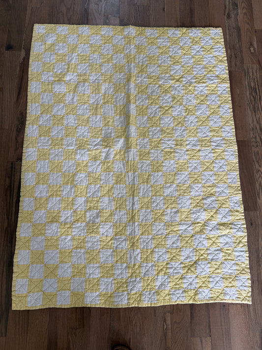 Vintage handmade yellow and white checkerboard quilt throw