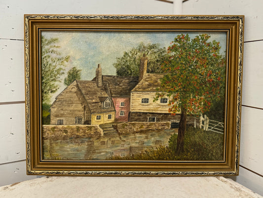 Vintage English Village Oil Painting with Frame