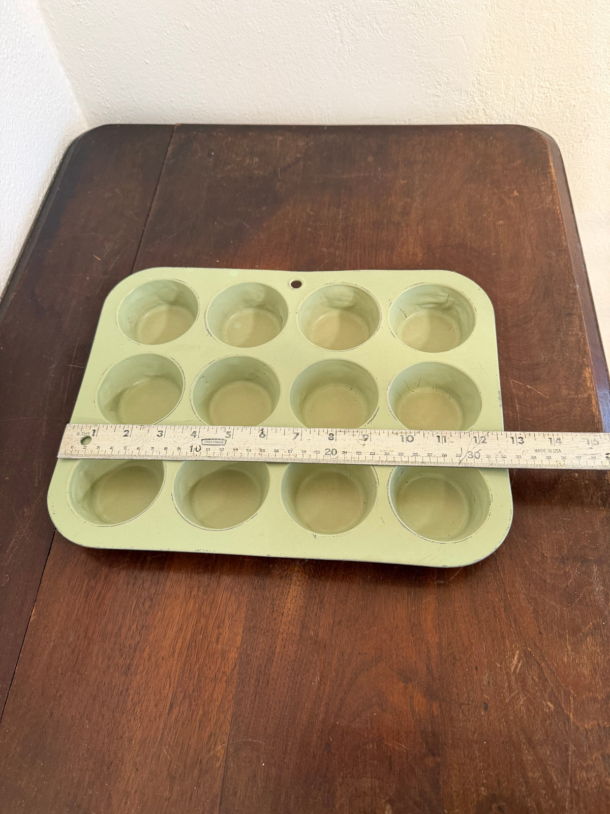 Vintage green enamel muffin tin